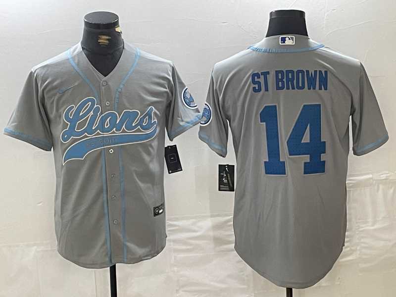 Mens Detroit Lions #14 Amon-Ra St. Brown Gray Cool Base Stitched Baseball Jerseys